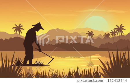Farmer Silhouette in Mountains Rice Field Landscape with Golden Sun at Sunrise Sunset Farmer Silhouette in Mountains Rice Field Landscape with Golden Sun at Sunrise Sunset 122412544