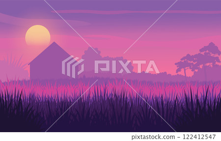 Home Silhouette in Rice Field Landscape with Sun at Sunrise Sunset in Purple Sky 122412547