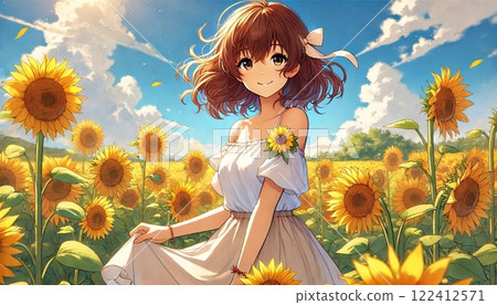 Fresh summer girl smiling in a sunflower field 122412571