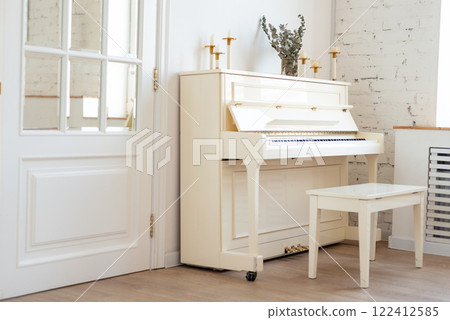 Piano music room natural light with light interior Piano music room natural light with light interior 122412585