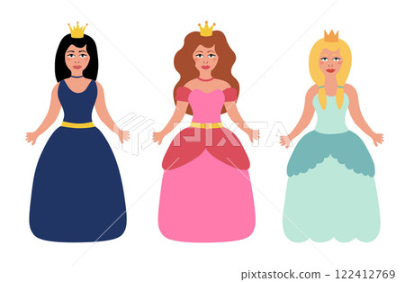 Set of beautiful fairy tale princess on white background. Children illustration. Vector Flat. Set of beautiful fairy tale princess on white background. Children illustration. Vector Flat. 122412769