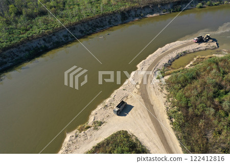 Sand and gravel exploitation in the river aerial view 122412816