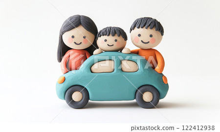 3D illustration of a cute clay car and a smiling family of three 122412938