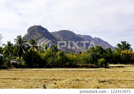 View of dry paddy field after harvesting with farmer house and high mountain. View of dry paddy field after harvesting with farmer house and high mountain. 122413071