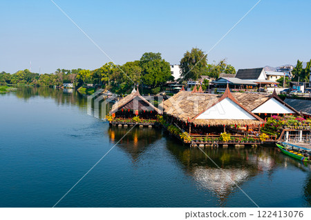 View of floating restaurant on the river kwai in Kanchanaburi province, Thailand. 122413076