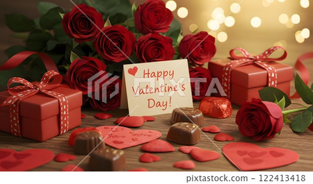 Valentines Day Gift Arrangement with Roses, Chocolates, and Cards Valentines Day Gift Arrangement with Roses, Chocolates, and Cards 122413418