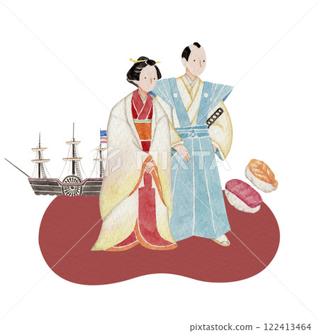 Edo period Japanese history watercolor illustration 122413464