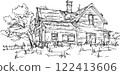 hand drawn architectural sketch of beautiful old classic detached village house with garden  and trees and lots of weed 122413606