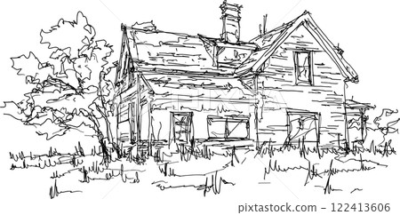 hand drawn architectural sketch of beautiful old classic detached village house with garden and trees and lots of weed hand drawn architectural sketch of beautiful old classic detached village house with garden and trees and lots of weed 122413606