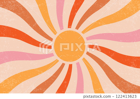 Retro sun background with radial swirl rays. Vector textured 70s abstract pattern. Vintage summer poster with concentric stripes of beams. Creamy pink and orange hippy wallpaper 122413623
