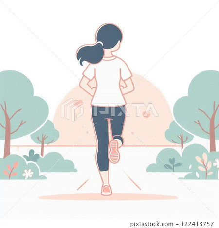 A simple illustration of a woman wearing sportswear running in the park 122413757
