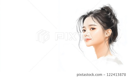 Digital Portrait of a Smiling Asian Woman with Messy Bun on White Background 122413878