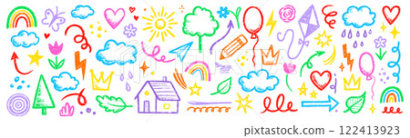 Kid crayon chalk line cloud, flower children element set. Hand drawn crayon doodle sketch childish element set. Chalk heart, cloud, flower color cute design element background. Vector Kid crayon chalk line cloud, flower children element set. Hand drawn crayon doodle sketch childish element set. Chalk heart, cloud, flower color cute design element background. Vector 122413923