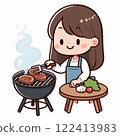 A simple illustration of a woman grilling meat on a barbecue grill outdoors 122413983