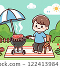 A simple illustration of a man grilling meat on a barbecue grill outdoors 122413984