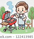 A simple illustration of a man grilling meat on a barbecue grill outdoors 122413985