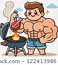 A simple illustration of a man grilling meat on a barbecue grill outdoors 122413986