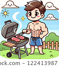 A simple illustration of a man grilling meat on a barbecue grill outdoors 122413987