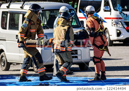 A rescue team member transports an injured person on a stretcher after being rescued by firefighters during a New Year's fire drill. A rescue team member transports an injured person on a stretcher after being rescued by firefighters during a New Year's fire drill. 122414494