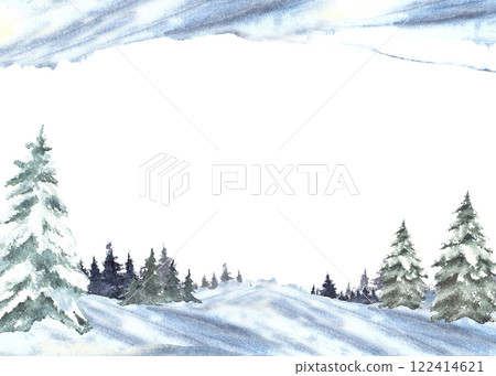 Winter Landscape with snow covered green spruces firs. Snowy Hills, snowdrifts and frosty evergreen forest. Hand drawn watercolor illustration isolated from the background. Template for holiday card.  122414621