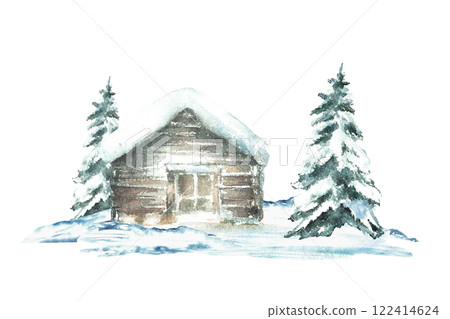 Winter cabin with snowy pine or fir tree Landscape with rustic wooden house, chalet a snow covered roof. Watercolor hand drawn illustration isolated from background for holiday, Christmas card, poster 122414624