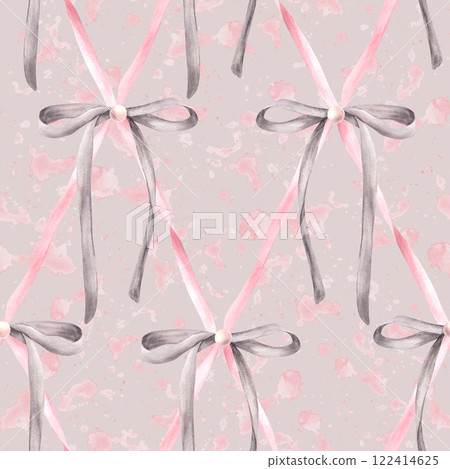 Grey Bows seamless pattern on watercolor spotted splashes pastel coloured background. Pink pearl hair ribbon Girl coquette fabric in diamond lattice design, Packaging Hand drawn isolated illustration 122414625