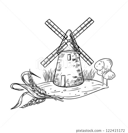 Rustic landscape of windmill and grass on ground black white vector illustration. Rural making bread mill and bunch of wheat hand drawn monochrome art for design package bread, flour label, bakery. 122415172