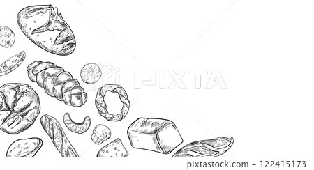 Assorted kind of bread black white vector frame. Loaf bread, challah, rustic rye round, ciabatta and buns outline drawing on board. Bakery goods on monochrome background for corner packaging, signage. Assorted kind of bread black white vector frame. Loaf bread, challah, rustic rye round, ciabatta and buns outline drawing on board. Bakery goods on monochrome background for corner packaging, signage. 122415173