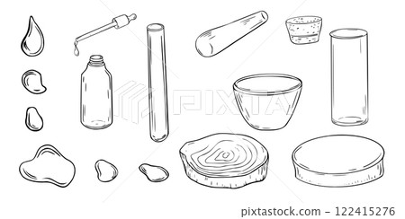 Set of glass flasks transparent, dropper bottle black white vector illustration on white. Stone mortar and pestle, wooden stand hand drawn linear sketch. Assorted drops and lab beakers for design. Set of glass flasks transparent, dropper bottle black white vector illustration on white. Stone mortar and pestle, wooden stand hand drawn linear sketch. Assorted drops and lab beakers for design. 122415276