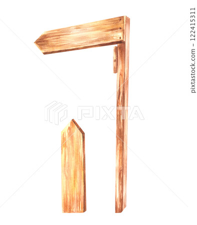 Wooden directional sign, arrow. Wooden signboards, board, banners, rustic plaque place name. Signs direction for pathfinding. Watercolor realistic clipart Hand drawn Illustration isolated from 122415311