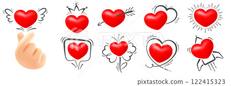 Set of 3D Hearts With Hand Drawn Creative Elements 122415323