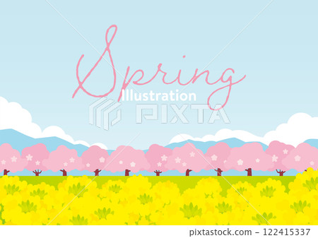 Spring-like background illustration of cherry blossom trees and rapeseed fields 122415337