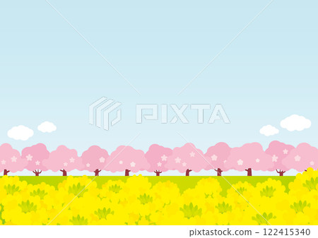 Spring-like background illustration of cherry blossom trees and rapeseed fields 122415340