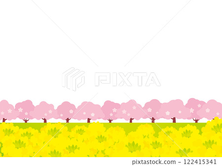 Spring-like background illustration of cherry blossom trees and rapeseed fields 122415341