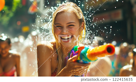 A group of people joyfully splash water on each other during Songkran Day. The concept of festivity, cultural tradition, and the spirit of renewal. Generative AI. 122415635