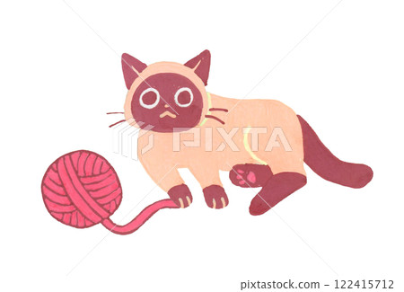 暹羅貓躺著抓紗線 — 手繪插畫的可愛動物 122415712