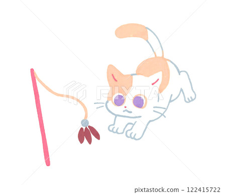 小貓玩貓羽毛（柔和的色彩）可愛的動物手繪插畫素材 122415722
