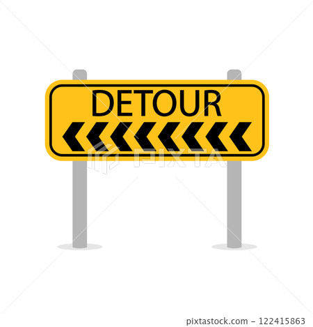 Detour to the left. A rectangular yellow road sign with black arrows and the words detour. The direction indicator 122415863