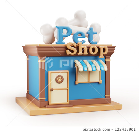 Pet shop building exterior cartoon 3d render icon. Cute small domestic animal store with entrance door, window, canopy, signboard with bones isolated. Dog and cat zoo market facade. 3D illustration 122415901