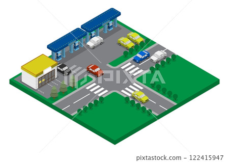 Gas station point with maintenance service at busy road intersection. Passenger car refueling at gas station. Aerial view 3D vector isolated on white background 122415947