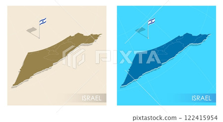 Israel country flag installed on geographic positioning map point of country territory. Israeli commonwealth banner on land and sea. Festive patriotic HD format template for independence day Israel country flag installed on geographic positioning map point of country territory. Israeli commonwealth banner on land and sea. Festive patriotic HD format template for independence day 122415954