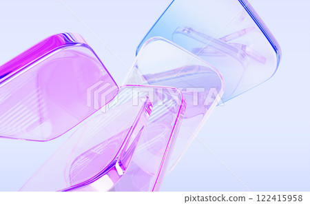 Abstract 3d background wallpaper with glass holographic transparent square plate shapes, rainbow color gradient, dispersion light. Iridescent crystal cube figures, dynamic tech banner. 3D illustration 122415958