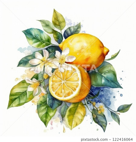 Watercolor lemons with leaves on white background. Botanical clipart with citrus fruits for design 122416064