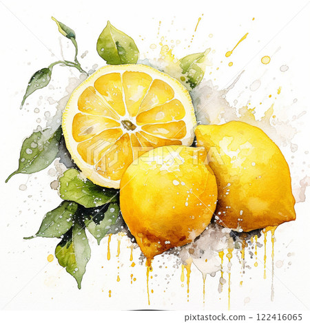 Watercolor lemons with leaves on white background. Botanical clipart with citrus fruits for design 122416065
