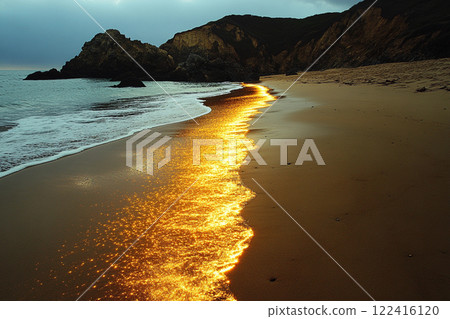 Golden sunlight reflects on gentle waves at a tropical beach during sunset in a serene coastal area 122416120