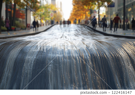 Waterfall cascades through city streets creating a stunning contrast between nature and urban life 122416147