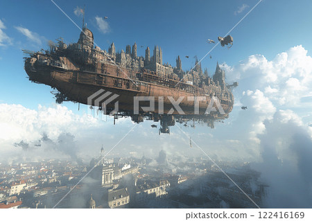Floating industrial city above a modern skyline during golden hour 122416169