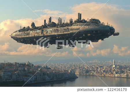 Floating industrial city above a modern skyline during golden hour 122416170
