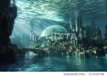 Underwater city with stunning architecture and marine life in a serene ocean setting 122416186