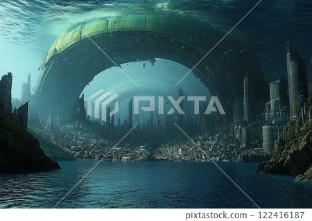 Underwater city with stunning architecture and marine life in a serene ocean setting 122416187